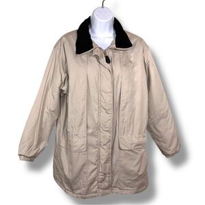 Medium Vintage Tudor Court Haband Light Beige Coat Black Collar Accent 90s Era